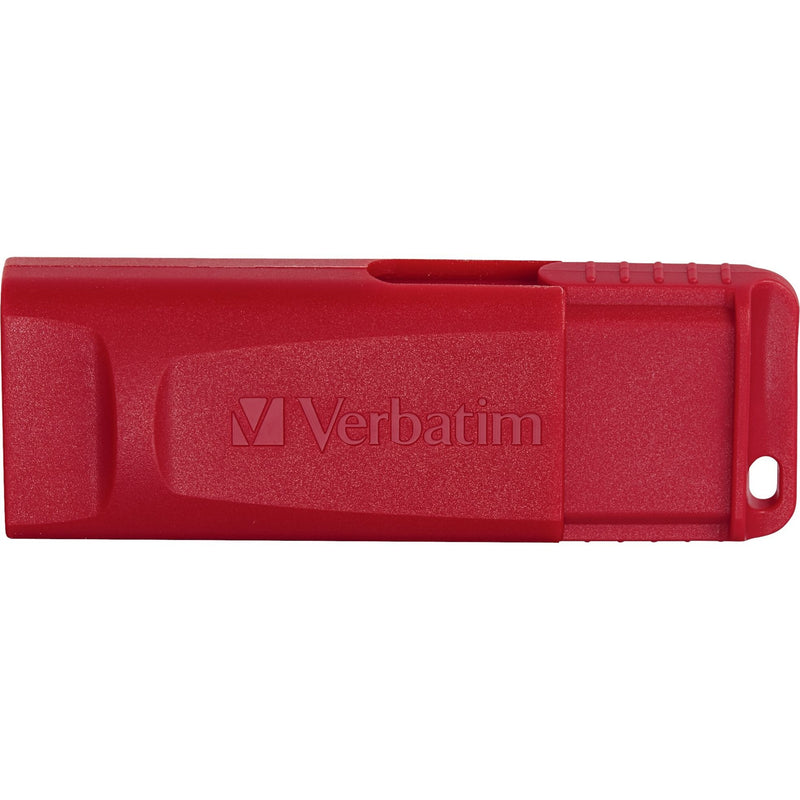 Profile view of red Verbatim USB drive showing design features