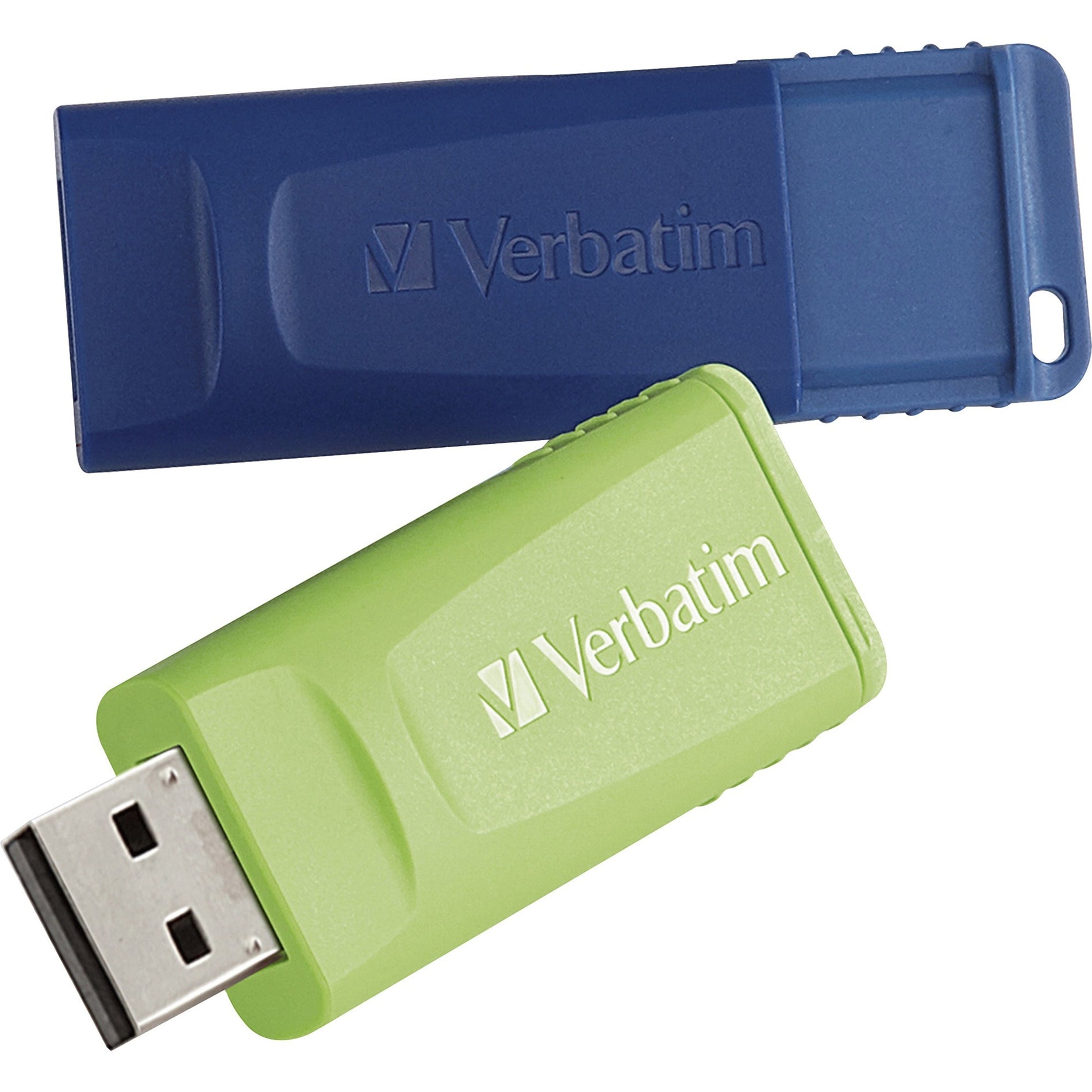 Blue and green Verbatim Store 'n' Go USB flash drives displayed together-alternate-image1