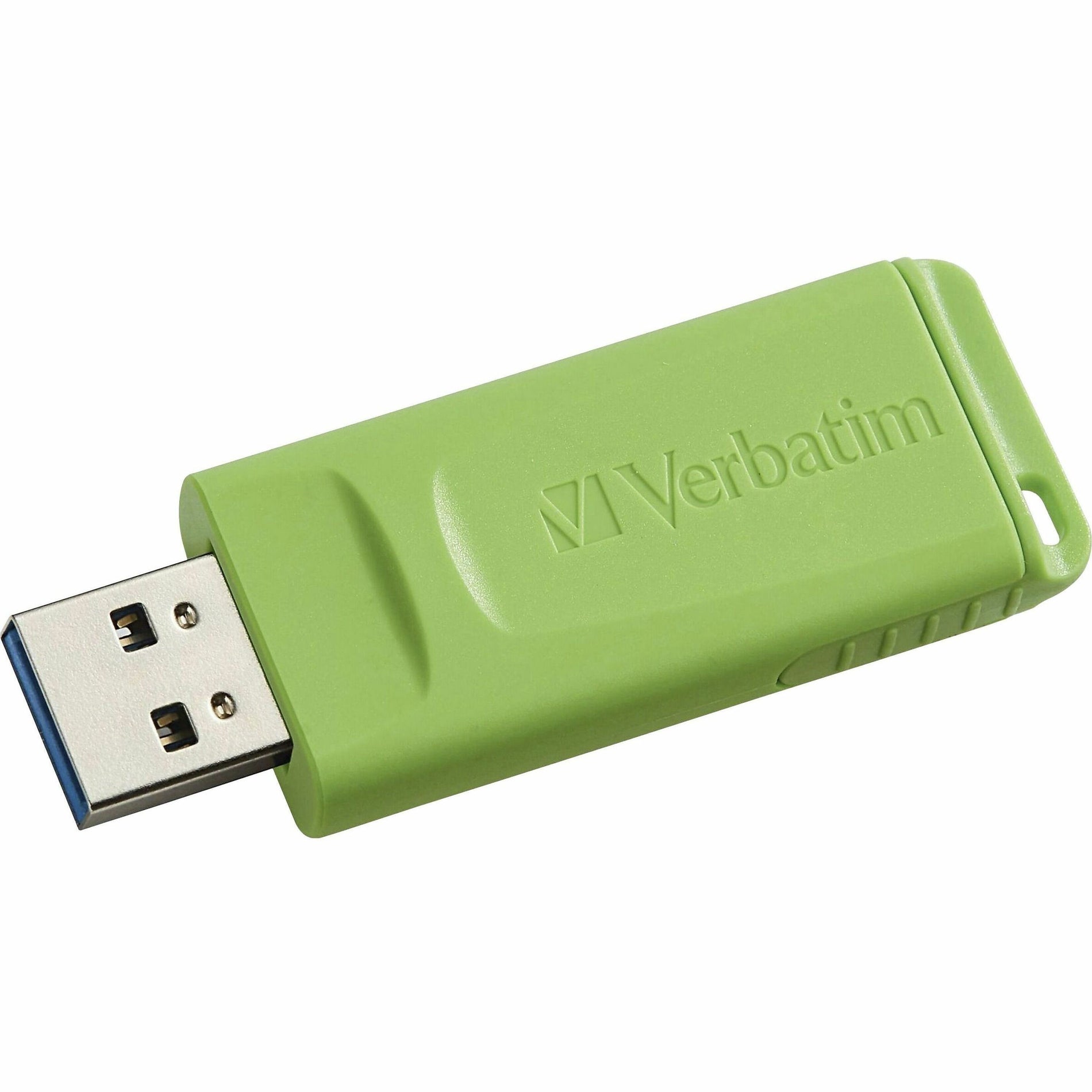 Close-up view of green Verbatim USB drive with exposed connector-alternate-image2