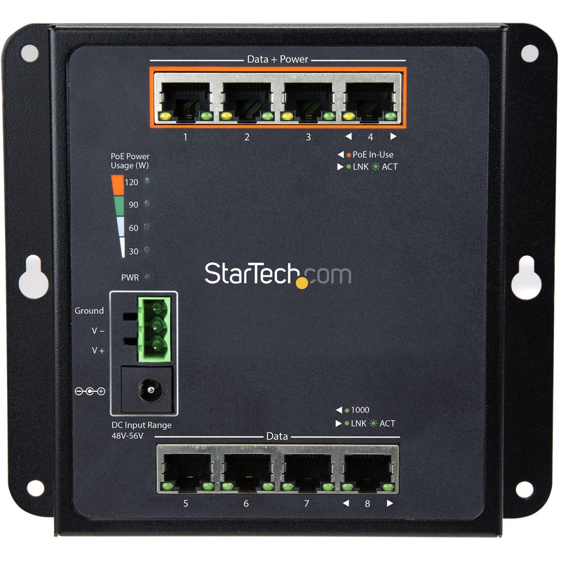 Detailed close-up of StarTech.com switch ports showing LED indicators and port labeling