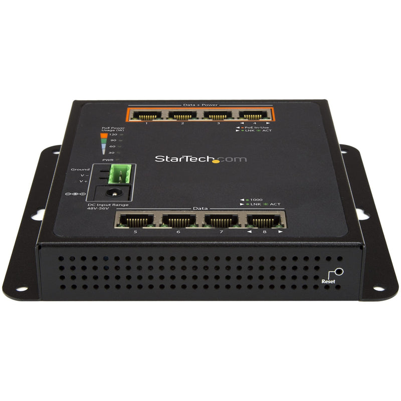 Angled view of StarTech.com industrial network switch showing mounting flanges and ventilation design