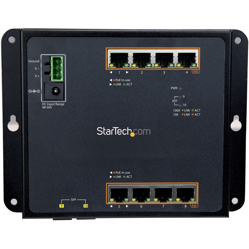 Direct front view of StarTech.com industrial switch highlighting LED indicators and port labeling