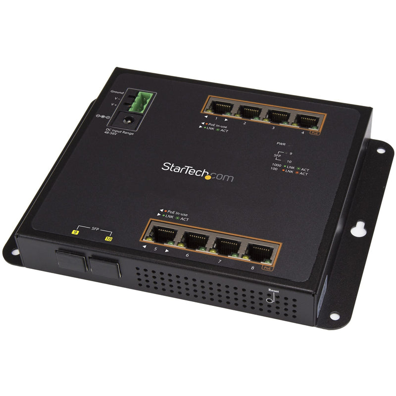 Front angled view of StarTech.com industrial Ethernet switch showing 8 PoE+ ports, 2 SFP slots, and power input terminal block