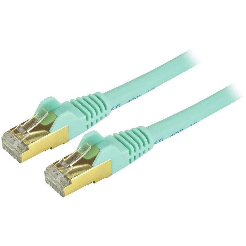 Close-up view of gold-plated RJ45 connectors on aqua Cat6a ethernet cable showing snagless design and strain relief boot