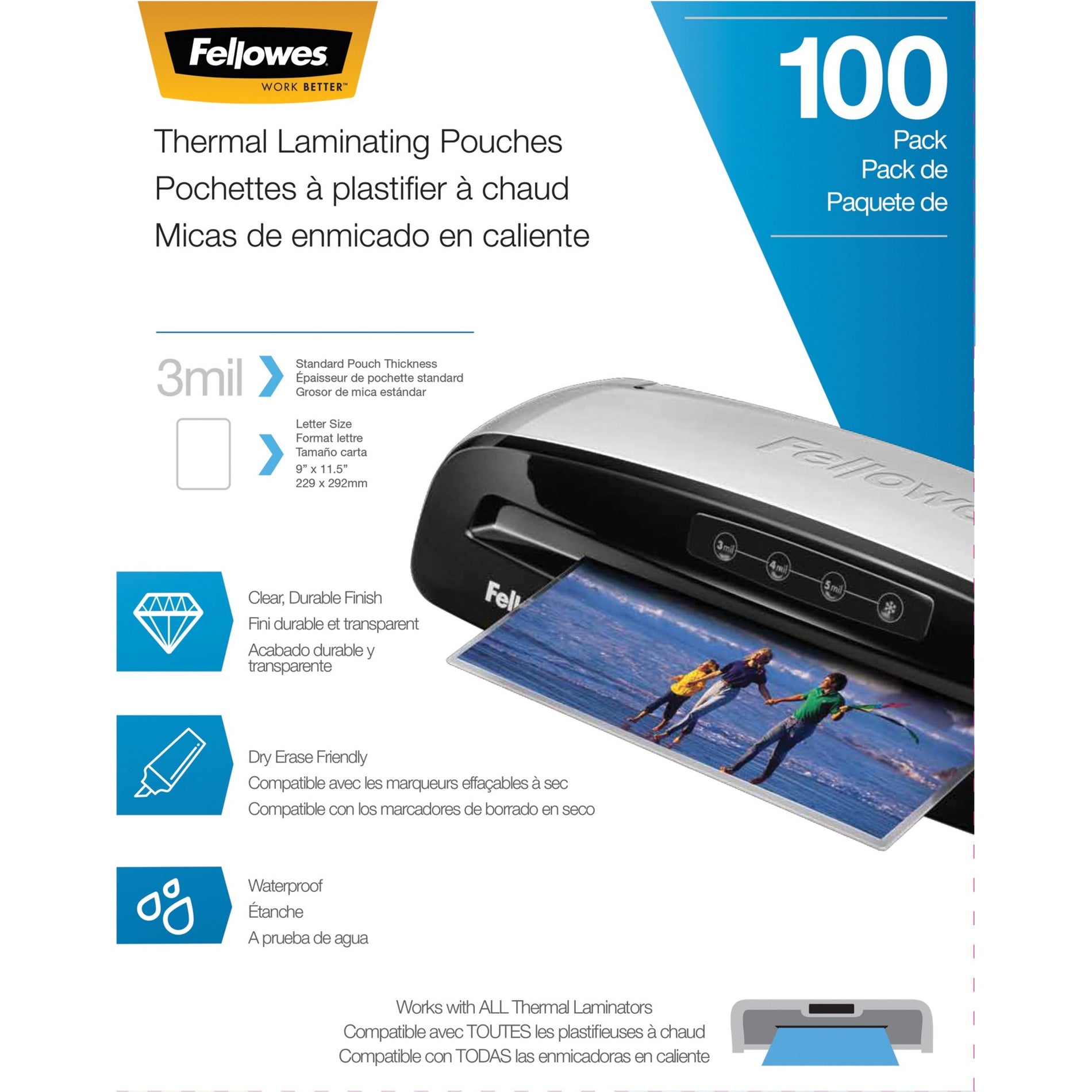 Fellowes  5743301 レターサイズのサーマルラミネートポーチ、3mil、100/PK、CL フェローズ