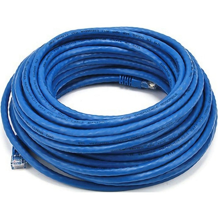 50-foot blue Cat5e ethernet cable coiled showing full length and blue jacket