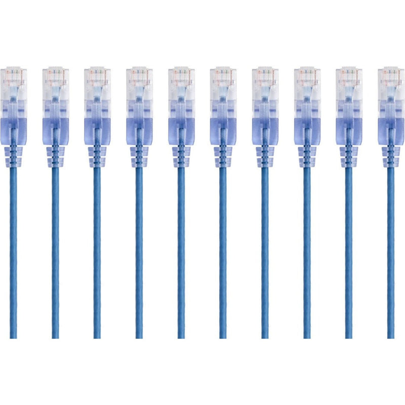 Ten blue SlimRun Cat6A ethernet patch cables with transparent RJ-45 connectors arranged in parallel