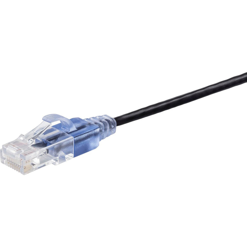 Close-up view of transparent RJ-45 connector on SlimRun Cat6A ethernet cable showing snagless boot design