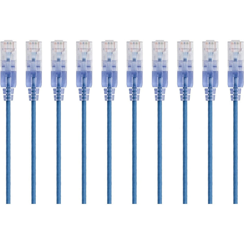 Ten blue SlimRun Cat6A ethernet patch cables arranged in parallel showing slim profile design