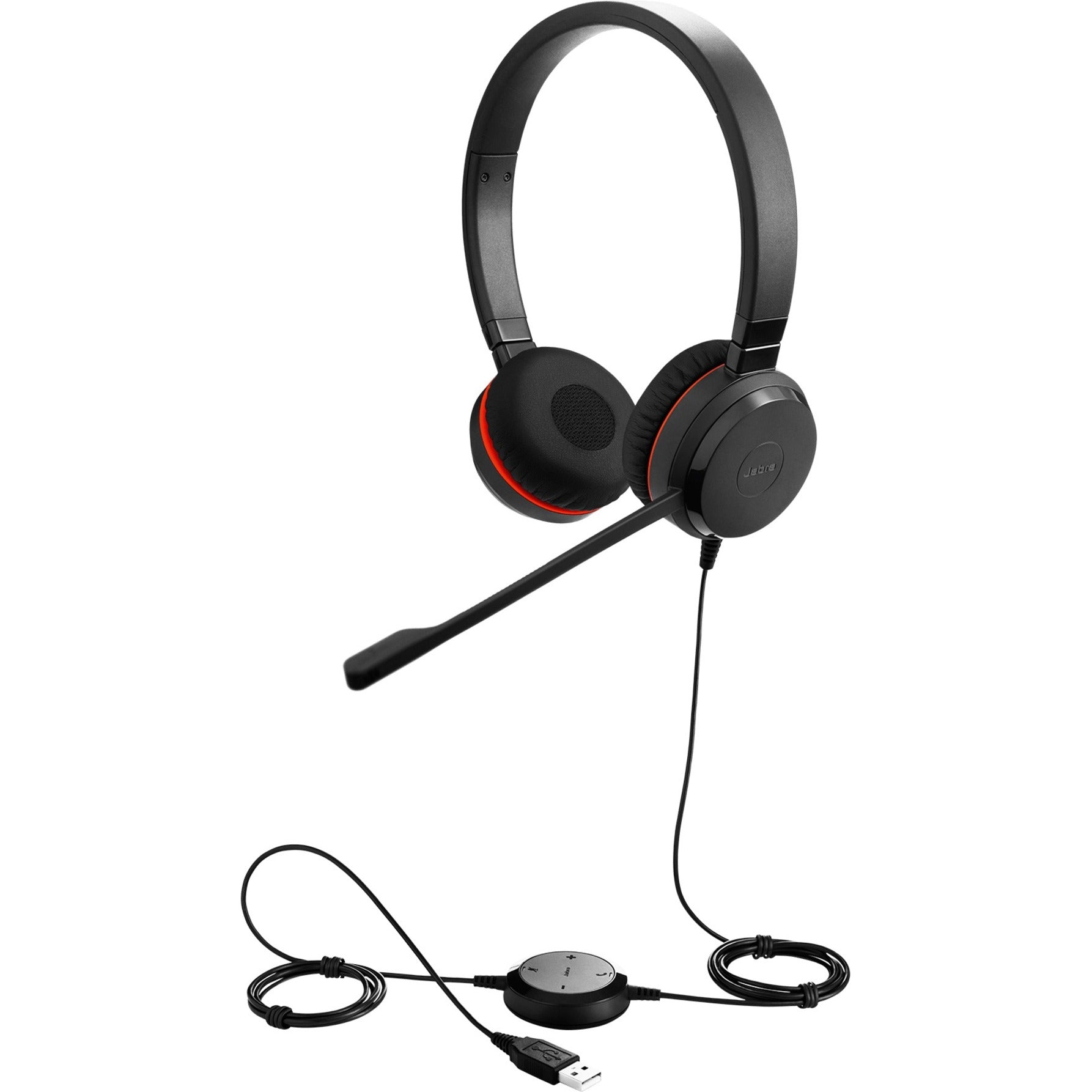 Jabra Evolve 30 II headset with USB control unit and boom microphone, shown in black with red accent trim-alternate-image1