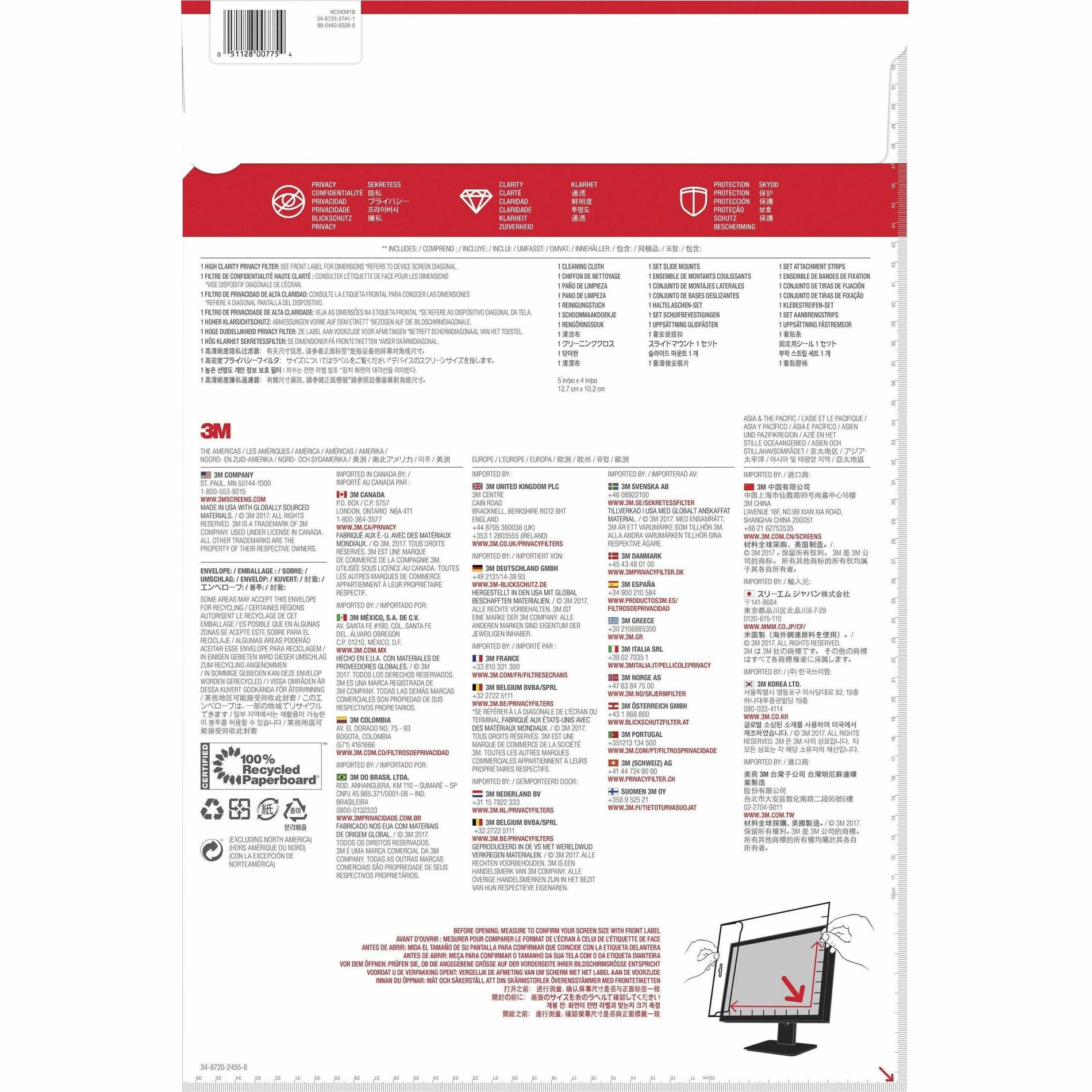 3M HC240W1B 高清晰度隐私过滤器，24英寸宽屏，易于应用，易于移除，蓝光减弱，有限的观看角度