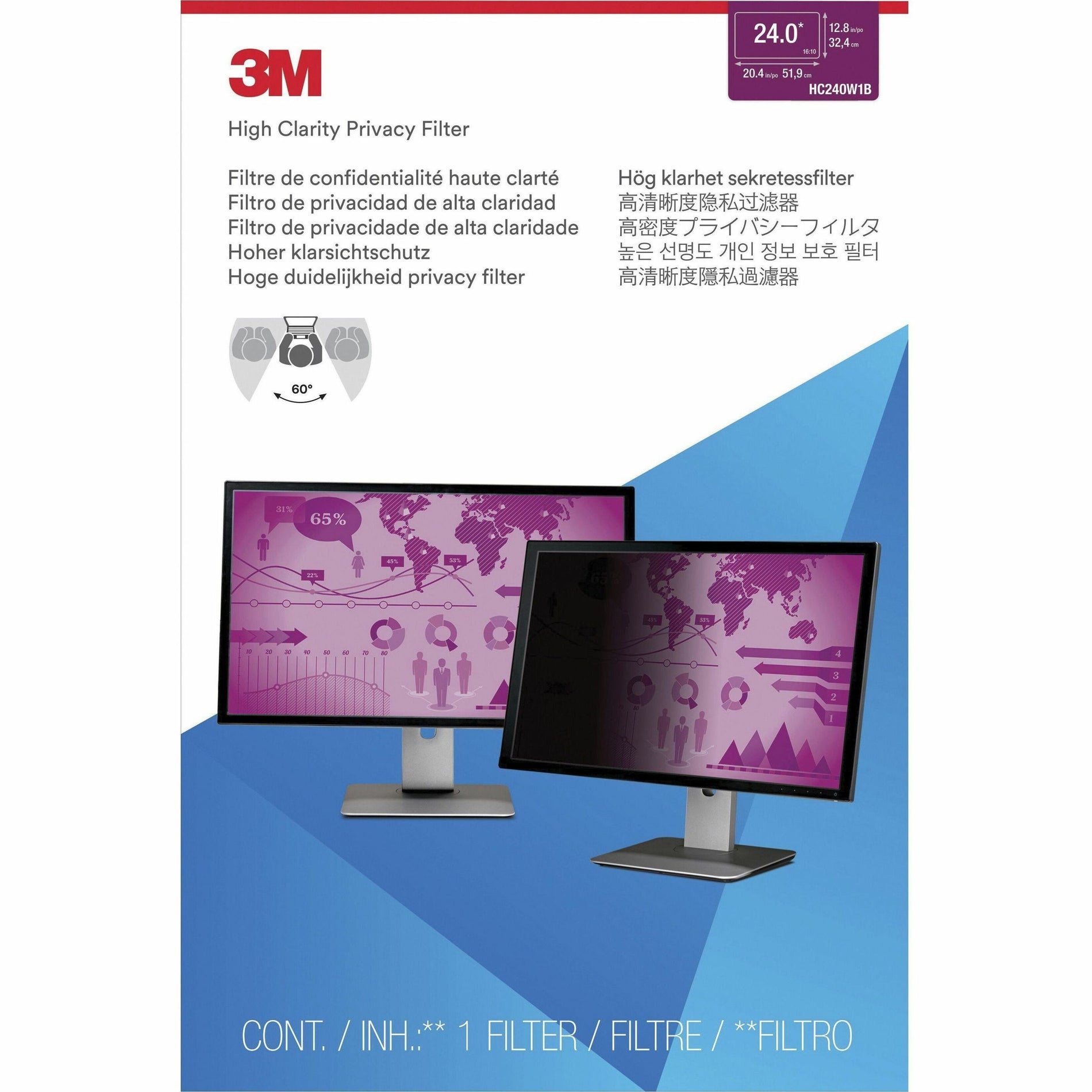 3M HC240W1B 고선명 프라이버시 필터 24인치 와이드스크린 쉽게 부착 쉽게 제거 블루라이트 감소 제한된 시야각