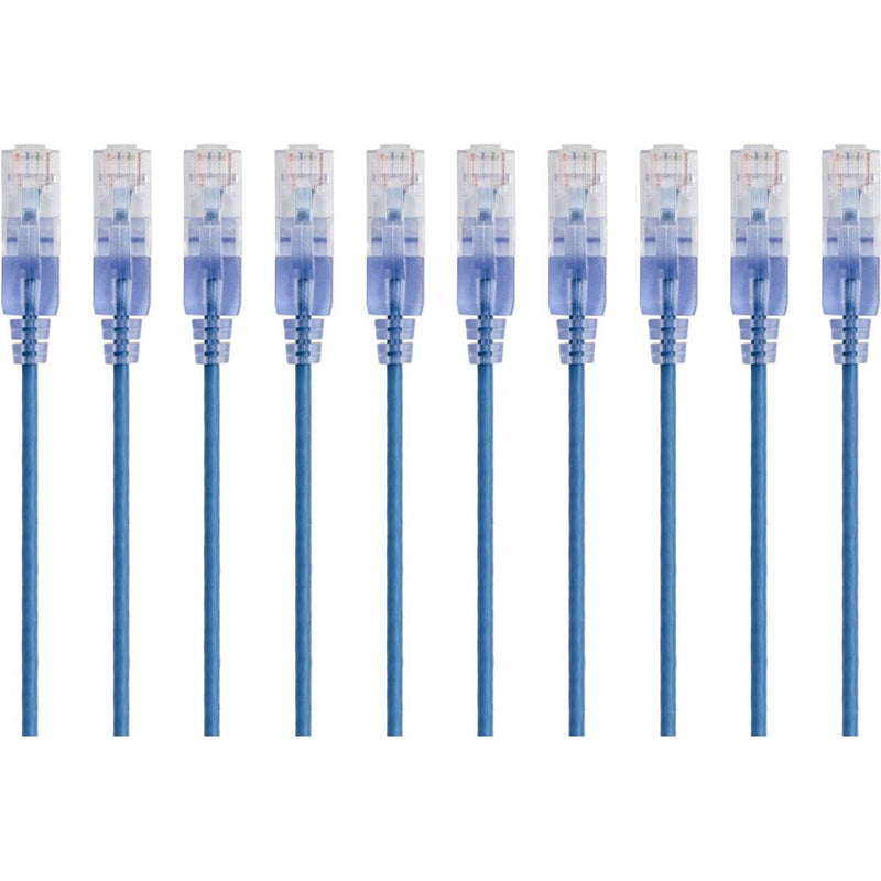 Ten blue SlimRun Cat6A ethernet patch cables with transparent RJ-45 connectors arranged in parallel