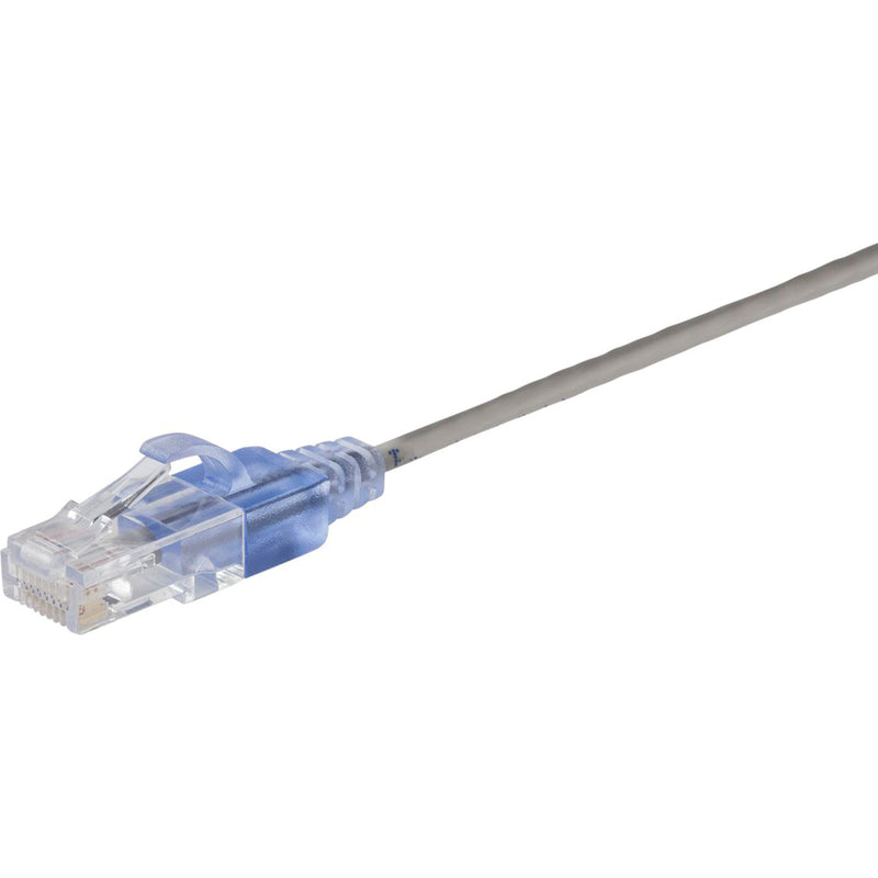 Close-up detail of SlimRun Cat6A ethernet cable connector showing transparent RJ-45 plug with blue accent and gray cable