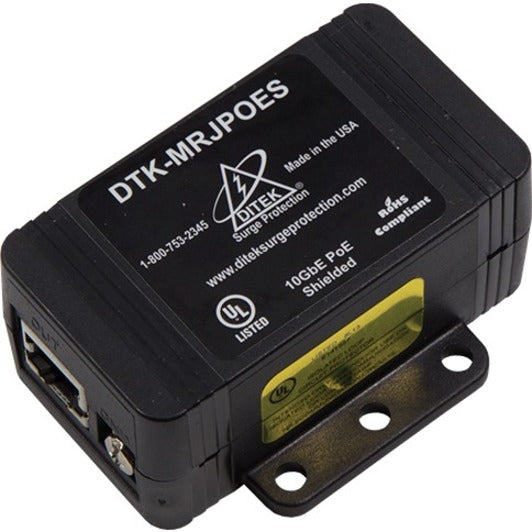 DITEK DTK-MRJPOES black surge protector with mounting bracket, featuring RJ-45 ports and UL certification label