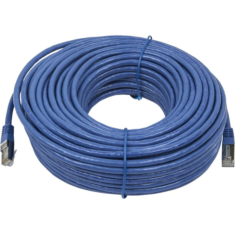 100 foot blue Cat6A shielded twisted pair ethernet cable coiled showing full length