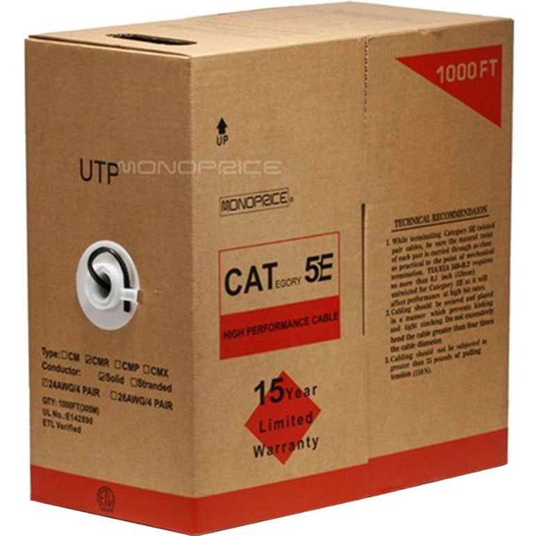 Monoprice Cat5e UTP network cable 1000ft bulk box with red accents showing product specifications and warranty information