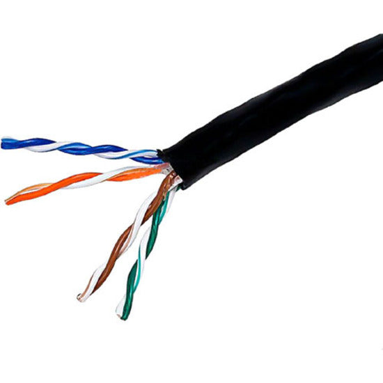 Close-up view of Cat5e cable internal structure showing twisted pair conductors in blue, orange, green, and brown pairs