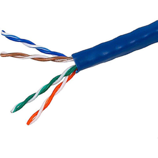 Close-up view of Cat5e cable internal twisted pair construction showing copper conductors and blue jacket