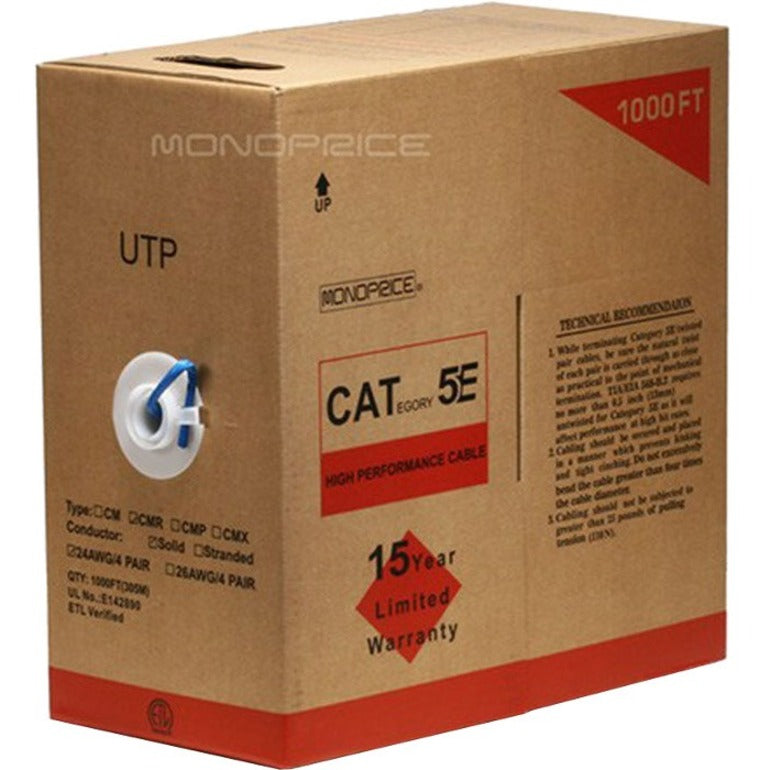 Monoprice Cat5e UTP network cable 1000ft bulk box showing product specifications and warranty information