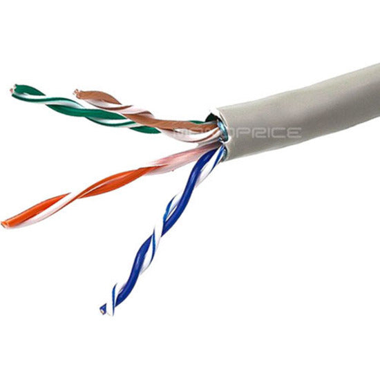 Detailed view of unsheathed Cat5e cable showing color-coded twisted pair arrangement