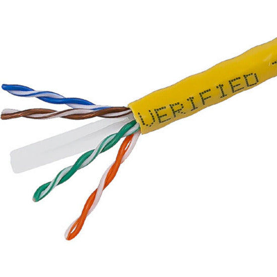 Close-up of yellow Cat6 cable showing internal twisted pair conductors in standard color coding