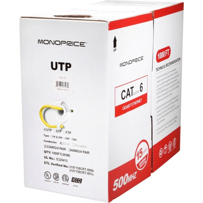 White and red Monoprice Cat6 UTP cable box showing product specifications and certifications