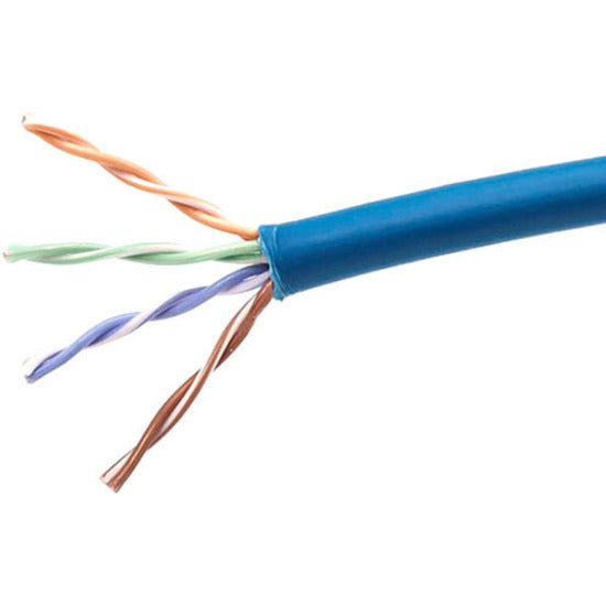 Close-up view of Cat5e cable internal twisted pair copper conductors with blue jacket