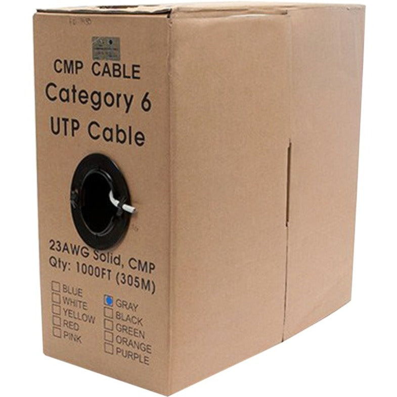 Monoprice Cat6 UTP CMP cable 1000ft pull box in brown cardboard packaging with product specifications printed on side