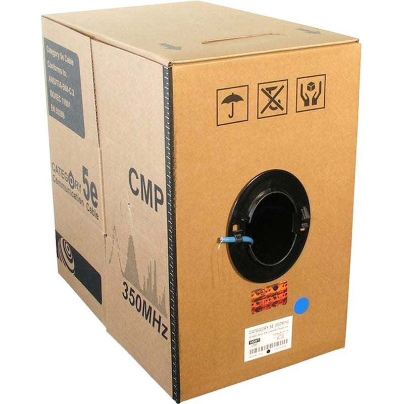 Cat5e network cable 1000ft pull box showing CMP rating and 350MHz specifications