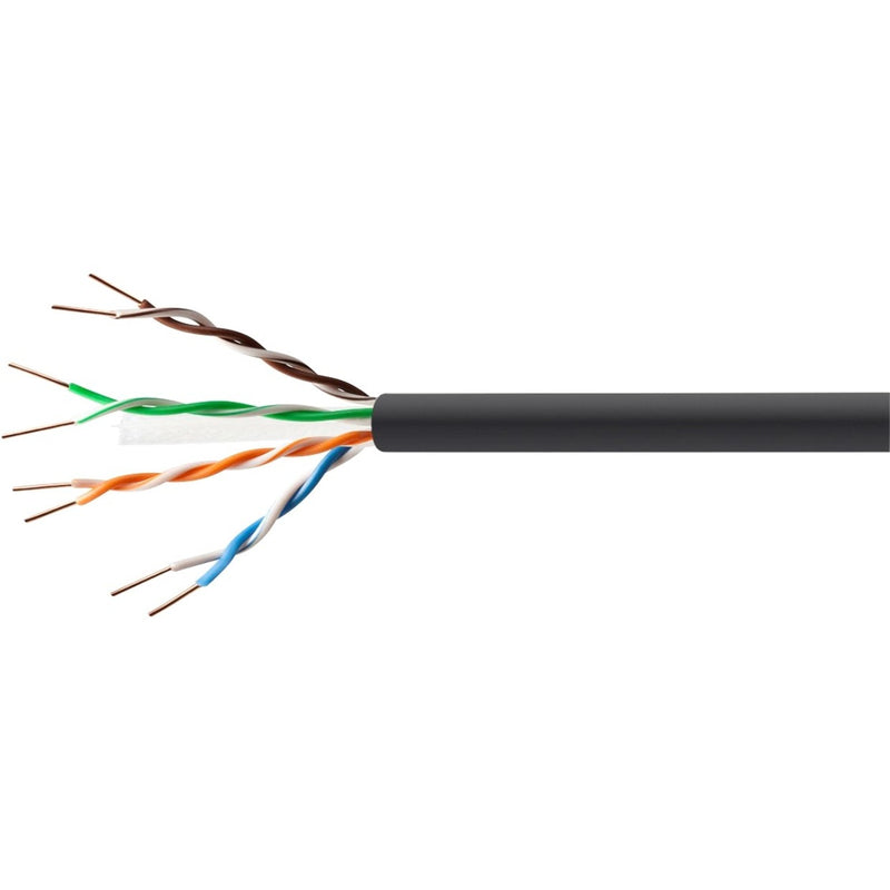 Close-up view of Monoprice Cat6 UTP cable cross-section showing four twisted pairs in blue, orange, green, and brown with black outer jacket