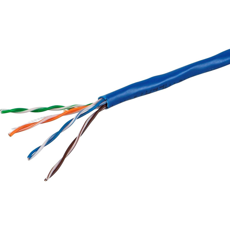 Close-up view of exposed Cat5e cable internal wiring showing four twisted pairs with blue outer jacket