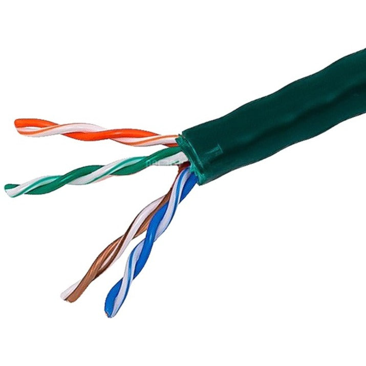 Close-up view of Cat5e cable internal twisted pairs showing pure copper conductors with color-coded insulation and green outer jacket