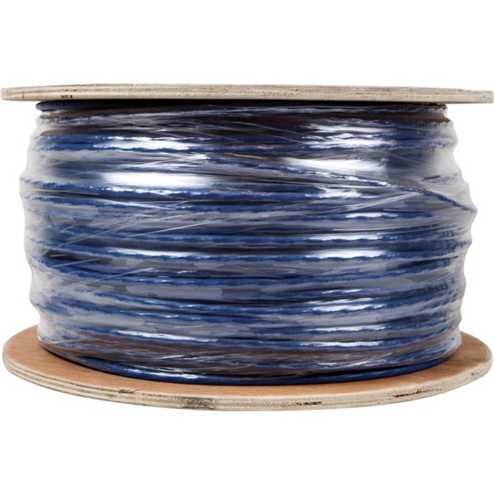 Large wooden spool containing 1000 feet of blue Cat6a ethernet cable with clear plastic wrapping