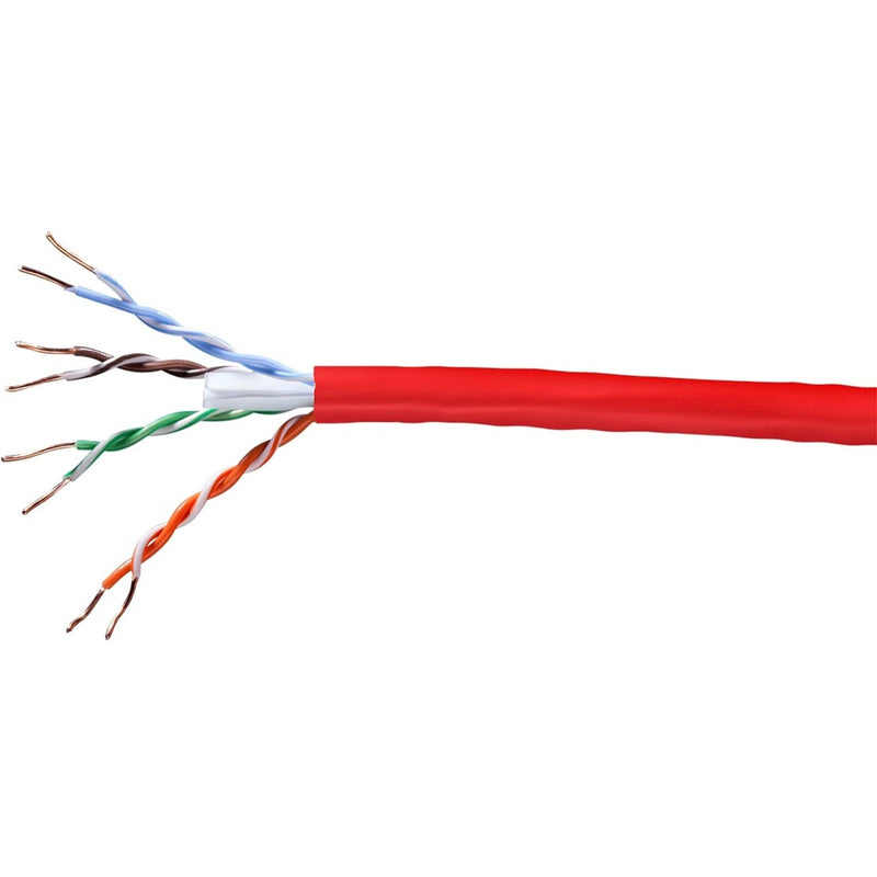 Close-up view of Monoprice Cat6 UTP network cable showing exposed twisted pairs in blue, orange, green, and brown with red outer jacket