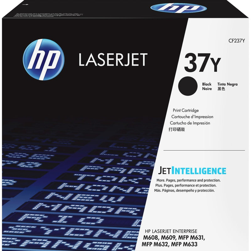 HP CF237Y toner cartridge retail box featuring JetIntelligence branding and compatibility information