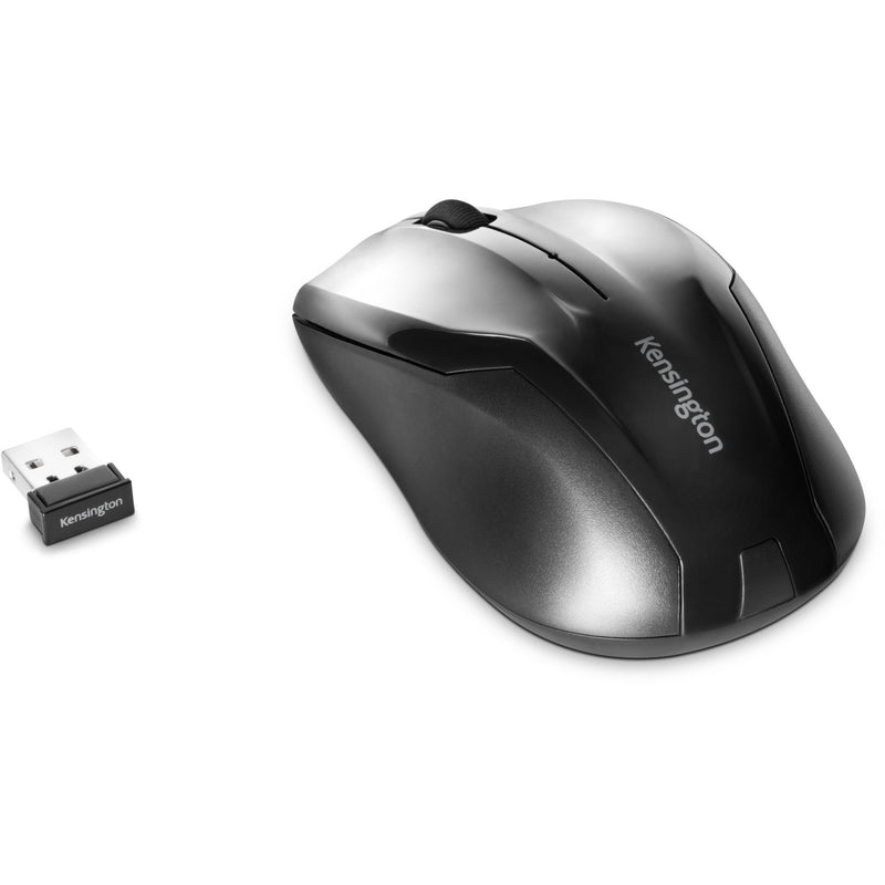 Close-up of Kensington wireless mouse and nano receiver showing ergonomic design