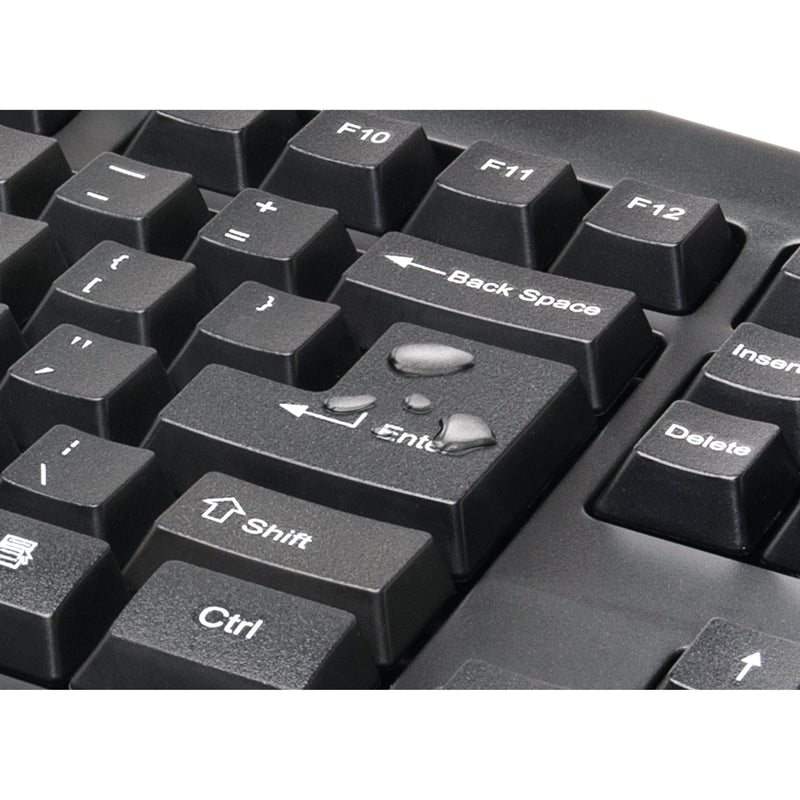 Close-up of keyboard keys showing water droplets demonstrating spill-proof feature