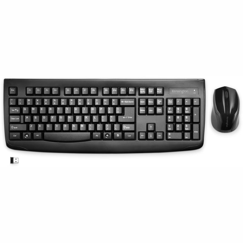 Top-down view of Kensington wireless keyboard and mouse set with nano receiver