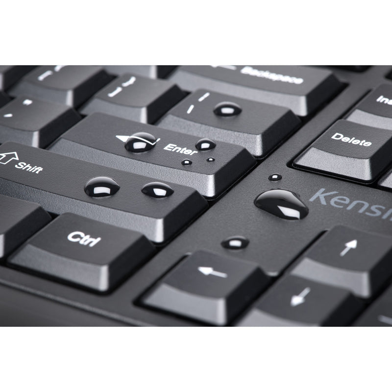 Close-up of Kensington keyboard keys showing water resistance with droplets