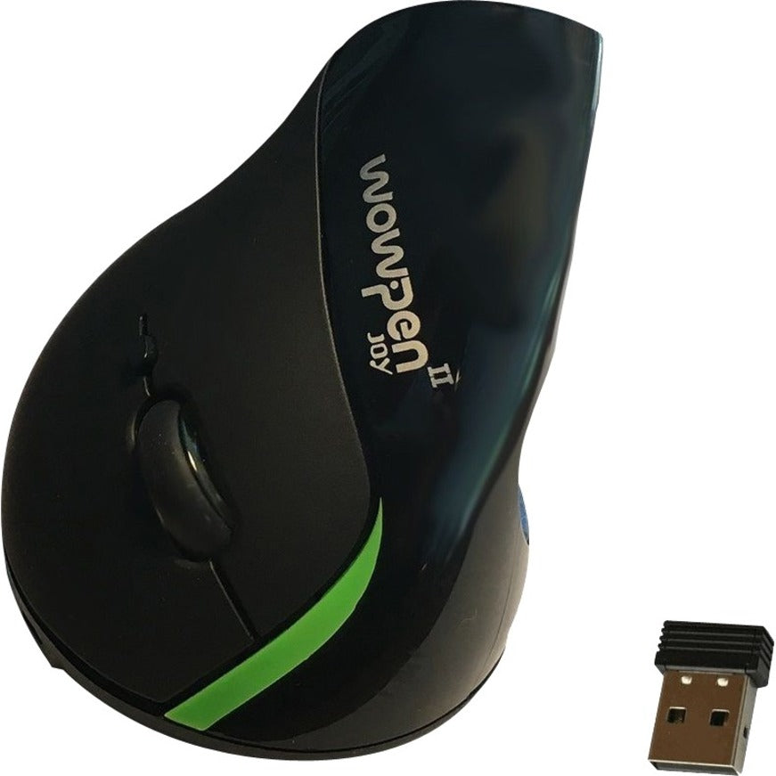 Wow Pen Joy II wireless ergonomic mouse in black with green accent stripe, shown with USB wireless dongle-alternate-image1