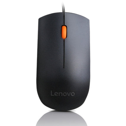 Front view of Lenovo 300 USB Mouse displaying Lenovo logo and orange scroll button