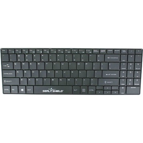 Top view of black Seal Shield medical-grade wireless keyboard with full QWERTY layout and numeric keypad-alternate-image1