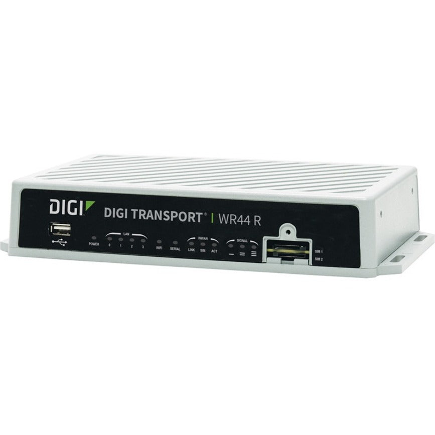 Digi TransPort WR44 R industrial router showing front panel interface with USB, LAN ports, and LED indicators in white aluminum enclosure-alternate-image1