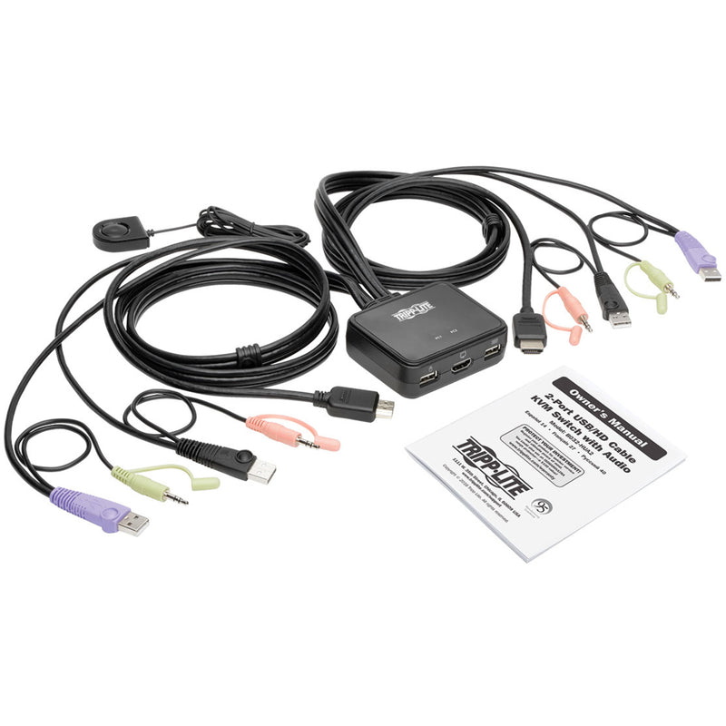 Complete KVM switch package including device, cables, remote selector, and manual