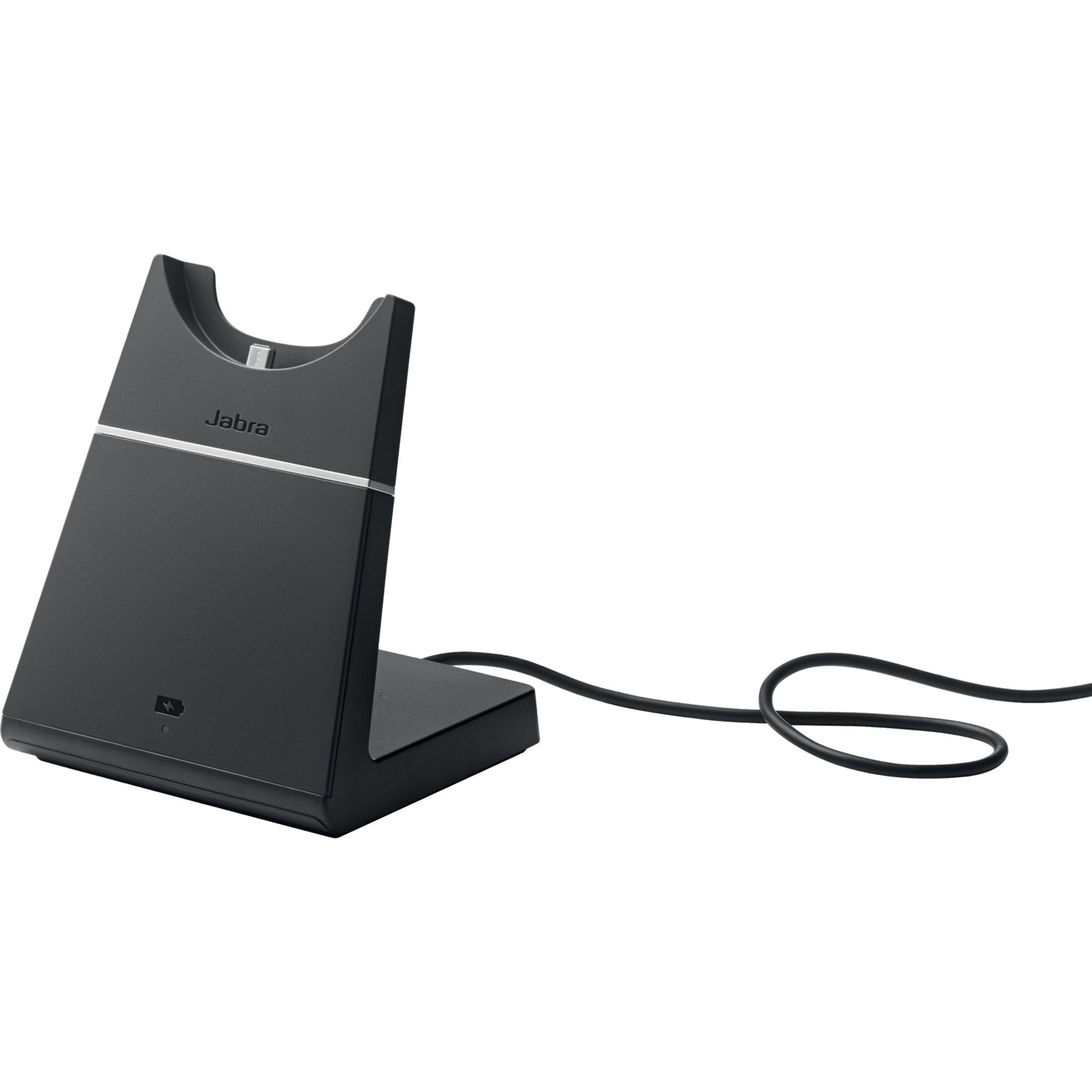 Jabra Evolve 75 charging stand in dark gray with power cable, showing angled docking design-alternate-image1