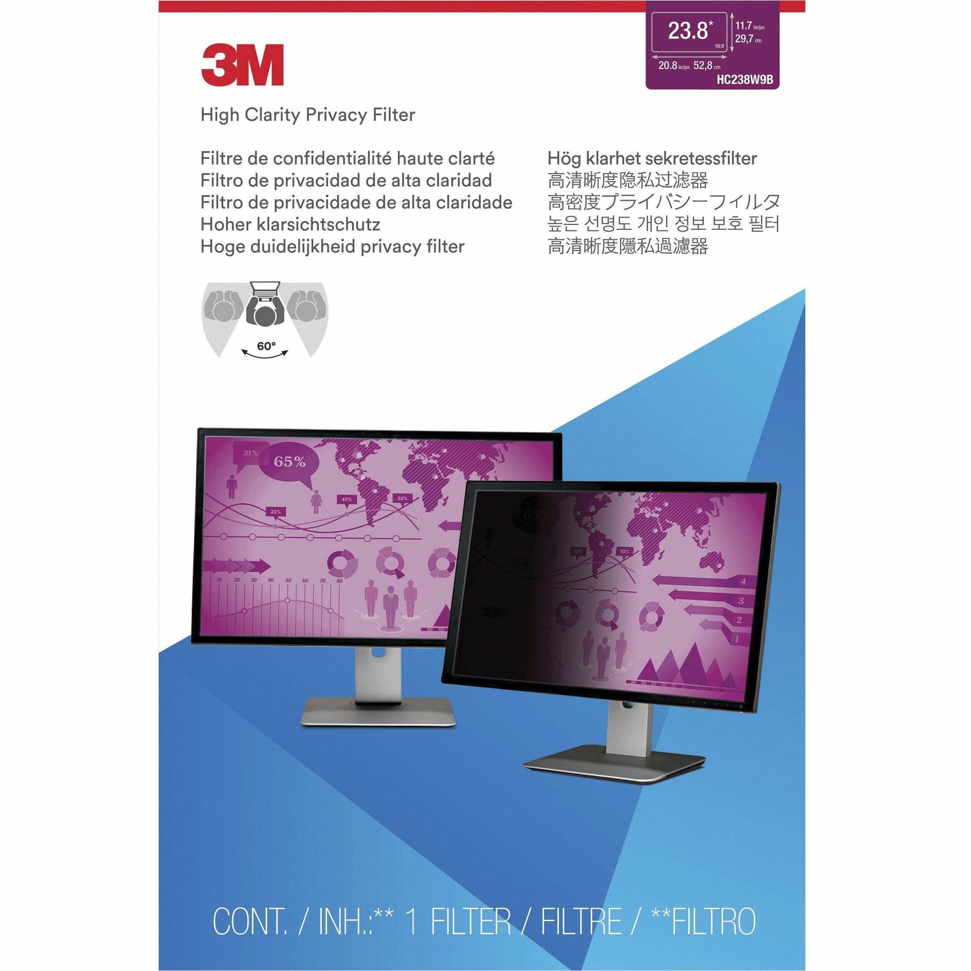 3M HC238W9B High Clarity Privacy Filter, 23.8" Widescreen Monitor, Easy to Apply, Easy to Remove, Blue Light Reduction