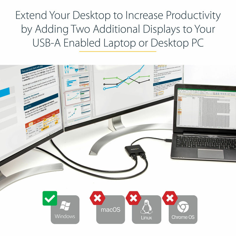 Dual monitor setup showing Windows compatibility with business applications