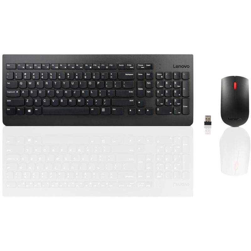 Lenovo wireless keyboard and mouse combo with nano receiver showing front view of full layout keyboard and optical mouse