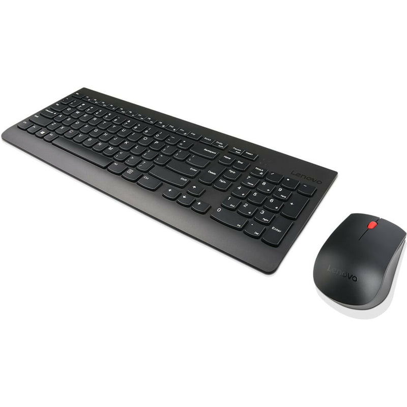 Angled view of Lenovo wireless keyboard and mouse combo displaying ergonomic tilt and sleek design